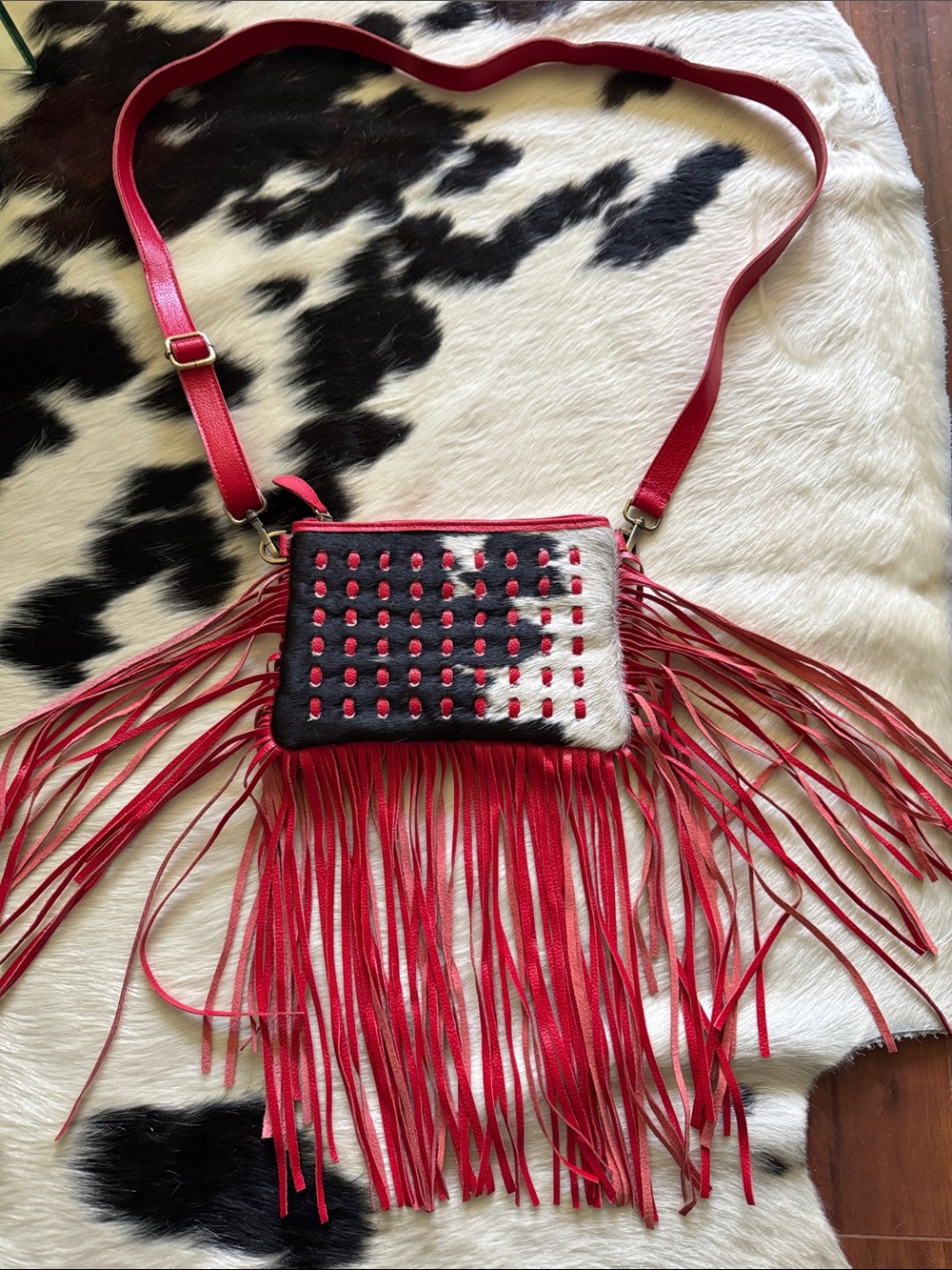 Red Fringe Crossbody Bag with Studded Haircalf Detail